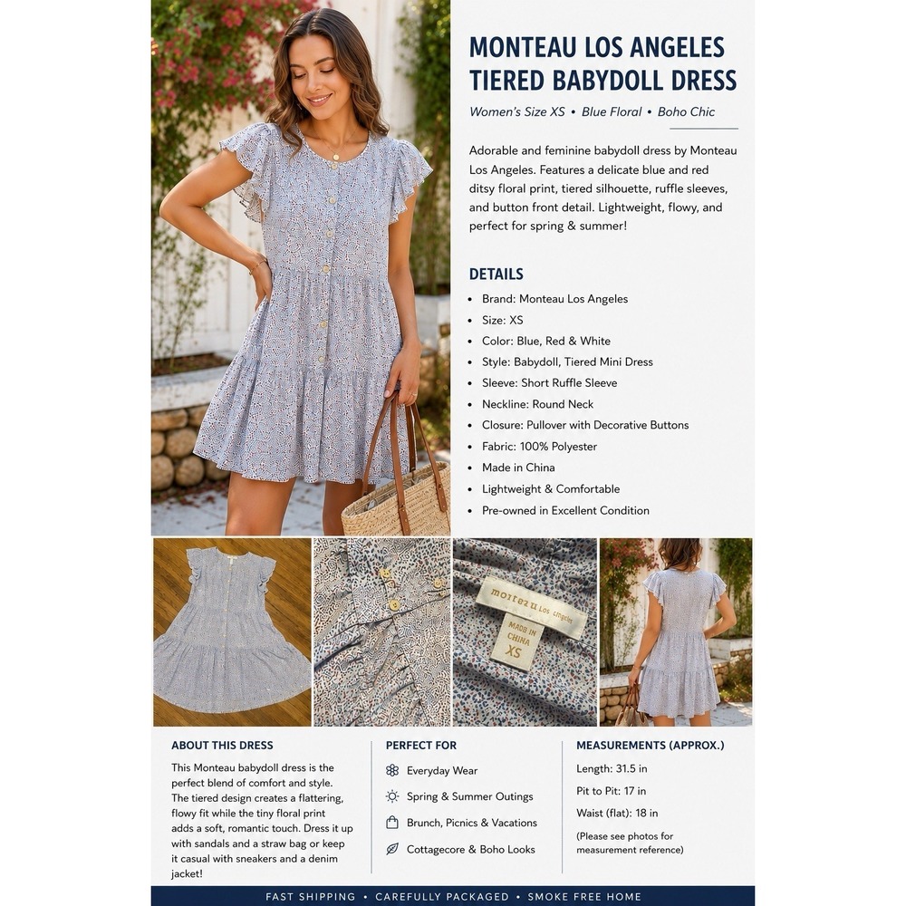 Monteau Los Angeles Tiered Babydoll‎ Dress XS Blue Floral Button Front Boho